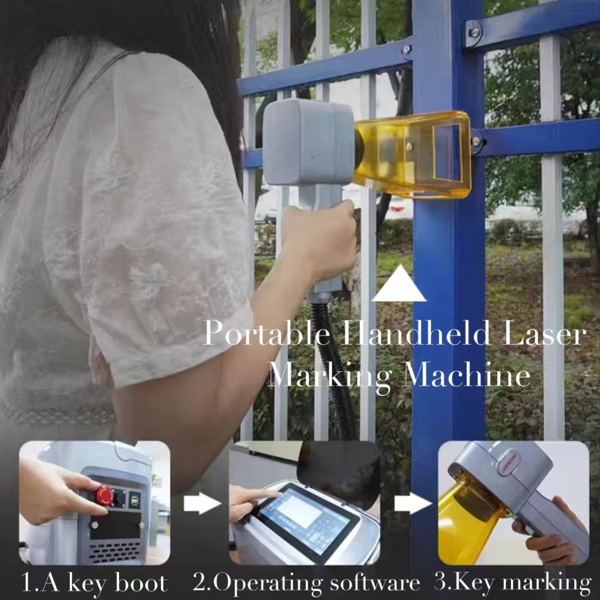 Handheld Fiber Laser Marking Machine 20W/30W/50W Laser Engraving Machine 110V/220V Portable Fiber Marker for all Metal and some non-metal for Individual Shop/Factory/Home. Working area of 100 * 100mm