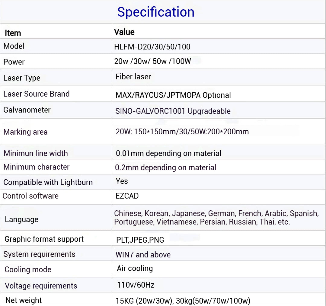 Máquina de marcado láser de fibra 20/30W/50W/100W Máquina de grabado láser de escritorio Máquina de marcado láser Máquina de grabado y marcado de metales con área de escaneo de 4.3” X 4.3”