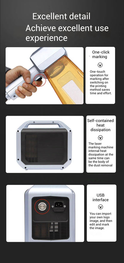 Handheld Fiber Laser Marking Machine 20W/30W/50W Laser Engraving Machine 110V/220V Portable Fiber Marker for all Metal and some non-metal for Individual Shop/Factory/Home. Working area of 100 * 100mm
